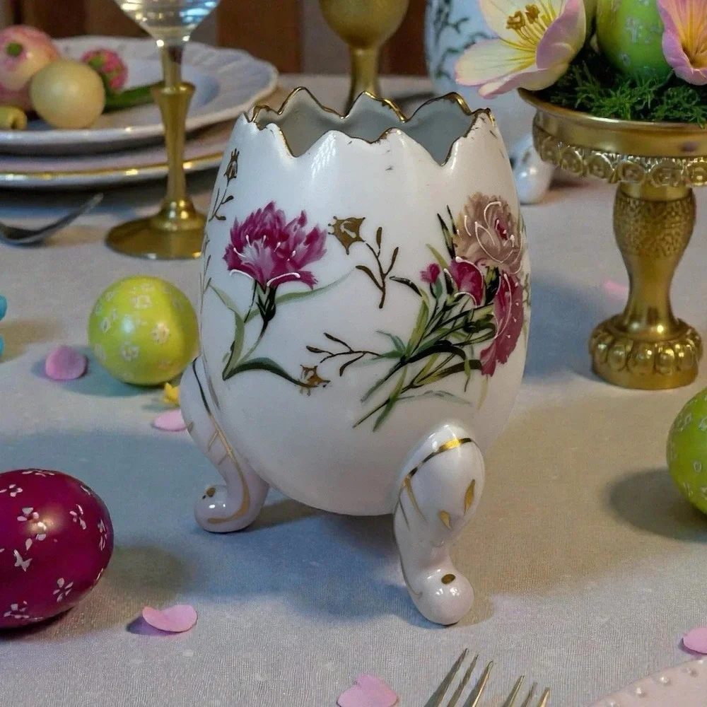 Vintage Napcoware Egg Vase Footed Pink Floral Gold Trim Japan Easter Decor